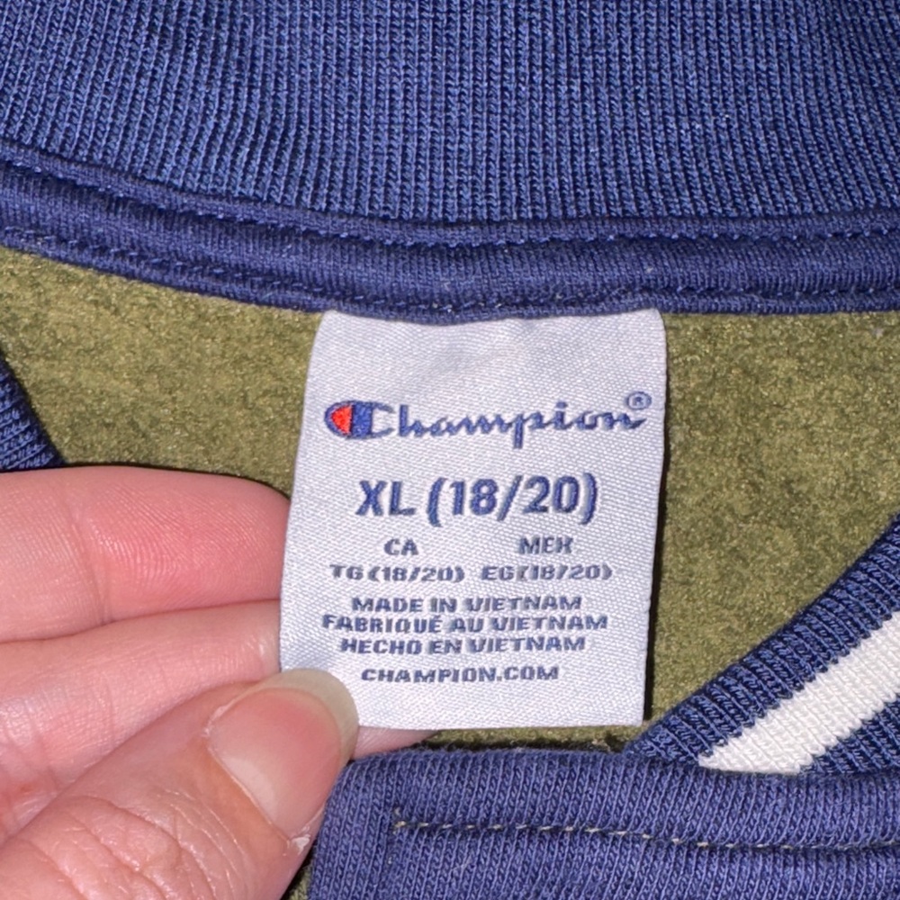 Champion Kids' Two-Tone Varsity Jacket - Olive, Navy, and Gray EUC - Picture 2 of 7